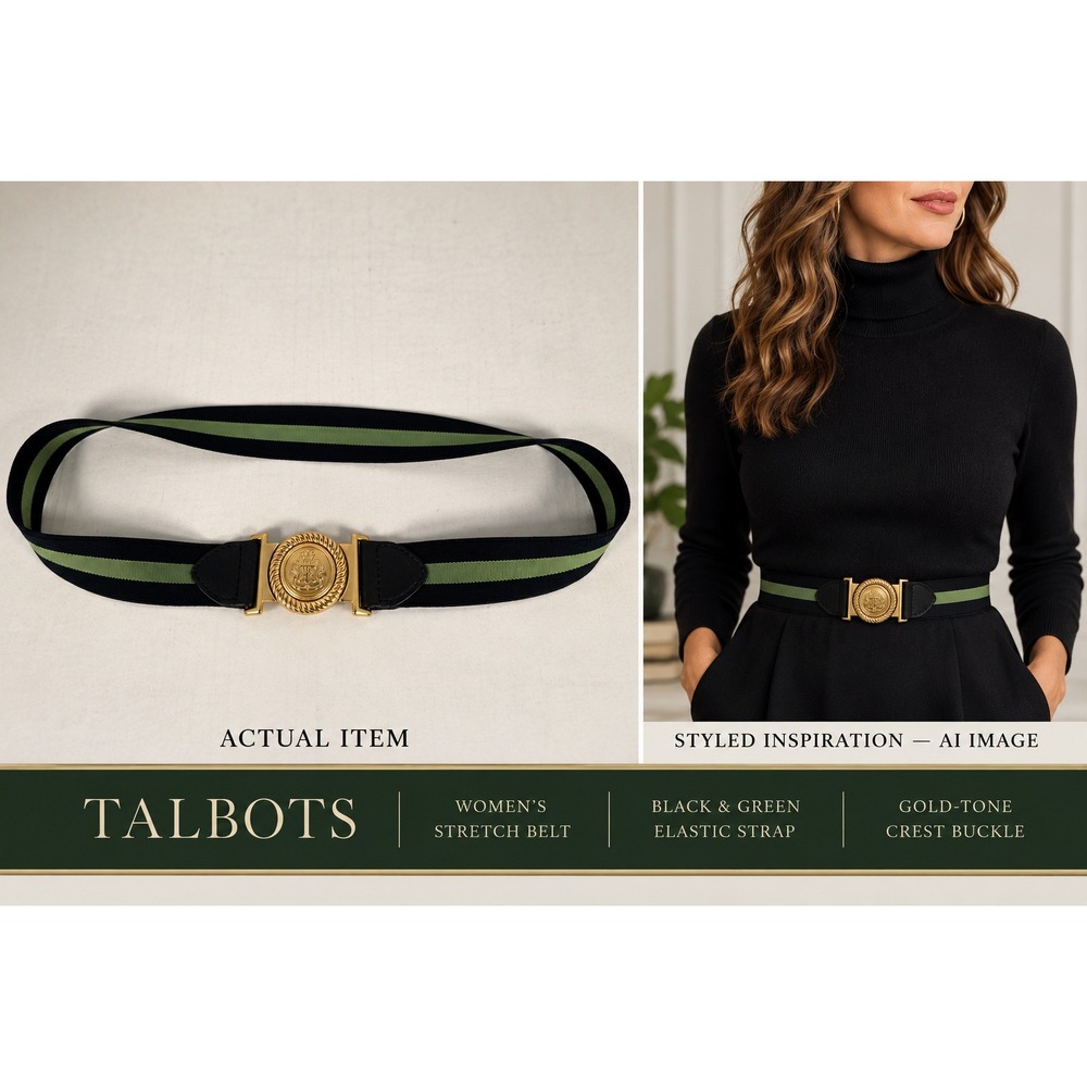 Talbots VTG Crest‎ Buckle Elastic Stretch Belt Navy Green Stripe Medium Preppy